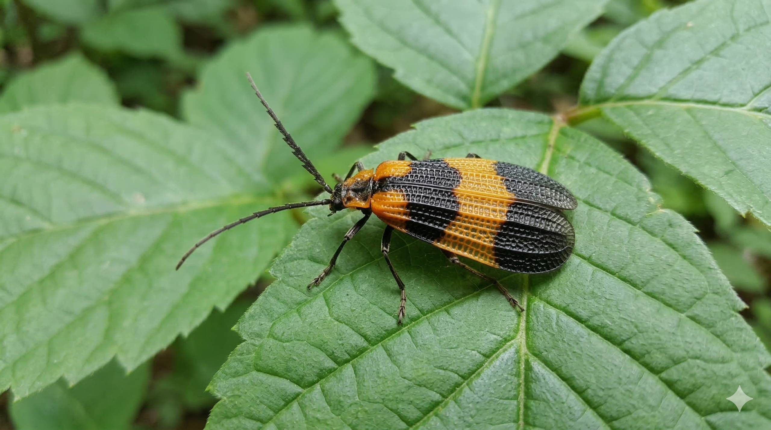 Banded net winged beetle orange and black pattern on leaf
